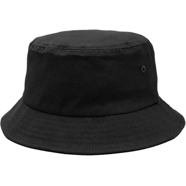 A black bucket hat featuring a simple design and a side logo. Ideal for casual wear or outdoor activities.