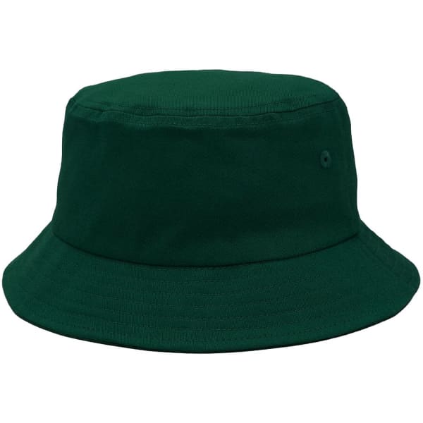 A green bucket hat featuring a simple design and a small logo on the side.