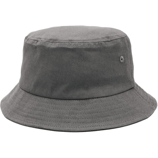 A grey bucket hat with a wide brim and a small branding logo. Ideal for casual wear.