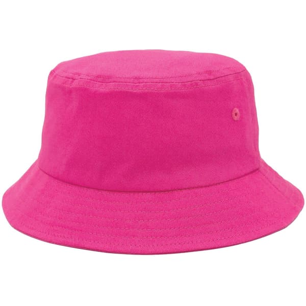 A pink bucket hat with a simple design and stitching details, featuring a small logo.