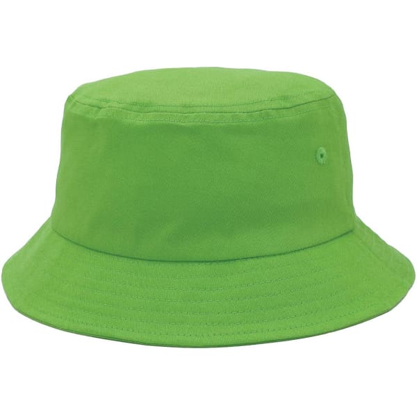 A green bucket hat with a wide brim and a simple design. It features a logo on the side.