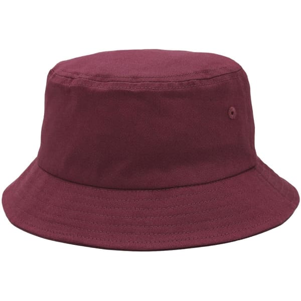 A maroon bucket hat with a wide brim and a small logo. The fabric appears smooth and durable.