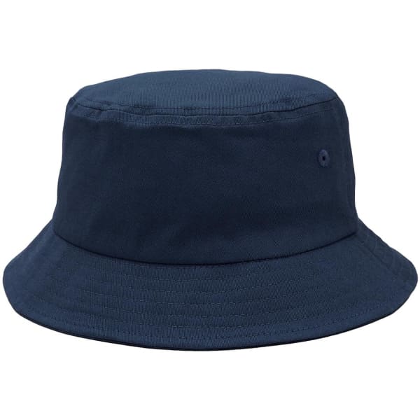 A navy bucket hat with a wide brim and a small logo on the side.