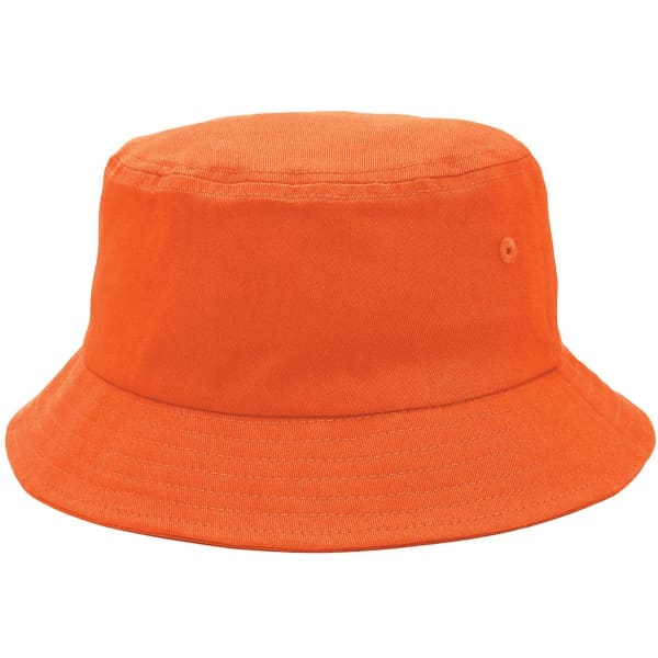 An orange bucket hat made of fabric with a wide brim. It features a small logo.