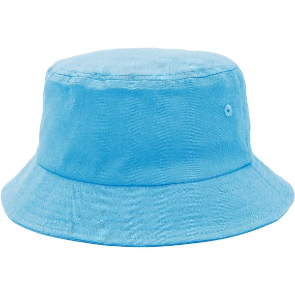 A light blue bucket hat with a wide brim, featuring a small logo on the side.