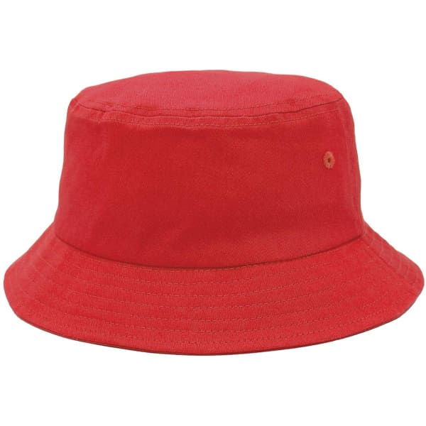 A red bucket hat with a wide brim and a subtle logo detail. Suitable for casual wear.