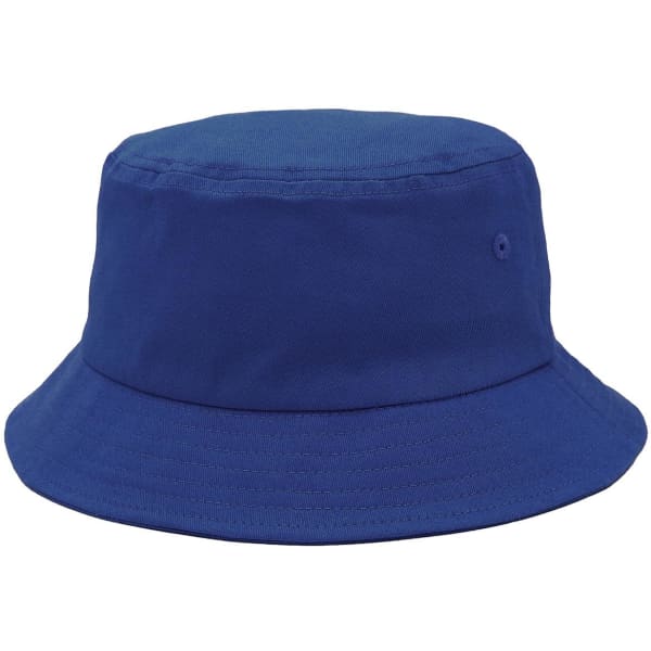 A blue bucket hat with a wide brim, featuring a small hole and a simple design.