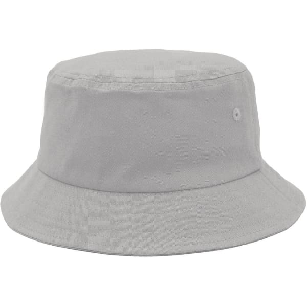 A light grey bucket hat with a wide brim and a small logo on the side.
