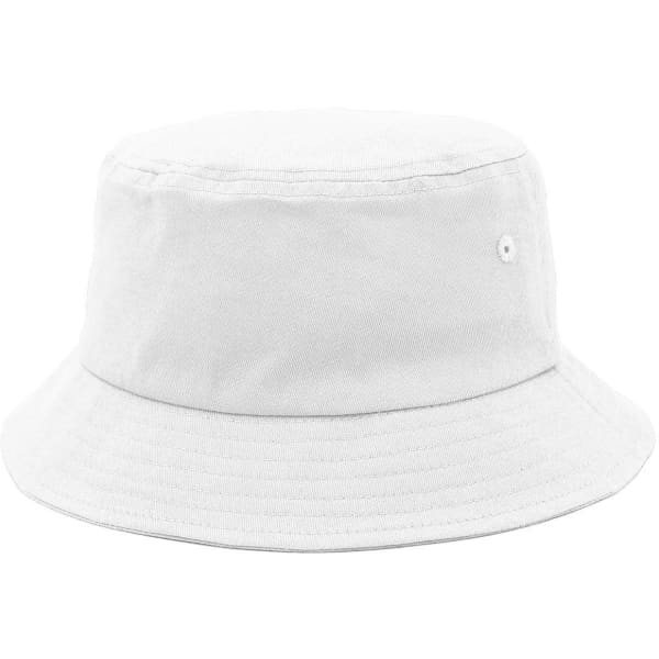 A white bucket hat with a wide brim, featuring a small branding logo on the side.