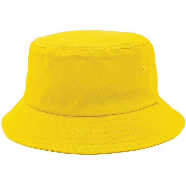 A yellow bucket hat featuring a branded logo, designed for casual headwear.