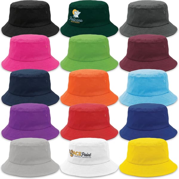 A variety of bucket hats in multiple colours, featuring a logo on some hats.
