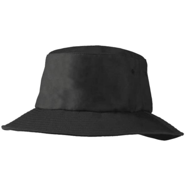 A black Poly Viscose bucket hat with a wide brim and a simple design, featuring a logo on the side.