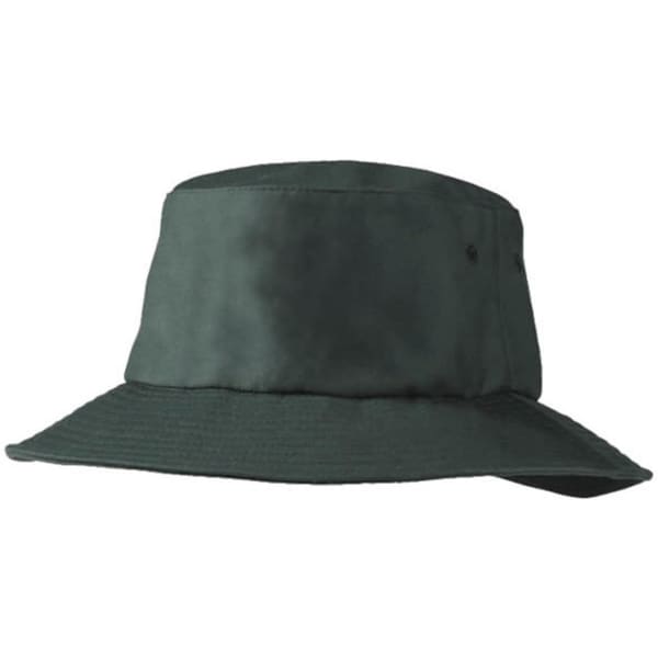 A dark green Poly Viscose bucket hat with a wide brim and a branding logo.