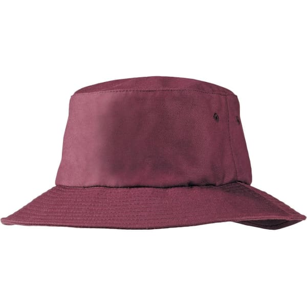 A burgundy Poly Viscose Bucket Hat with a wide brim and a logo on the side.