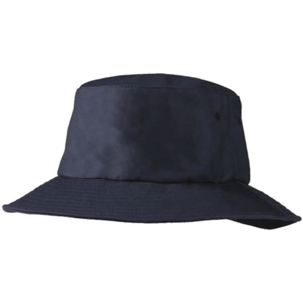 A navy blue bucket hat with a wide brim and a small logo. Ideal for sun protection and casual wear.