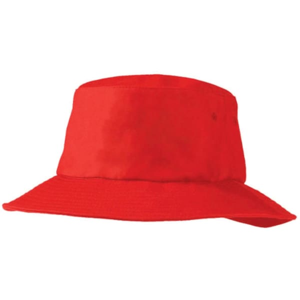 A red Poly Viscose bucket hat with a wide brim and a logo. Suitable for headwear.
