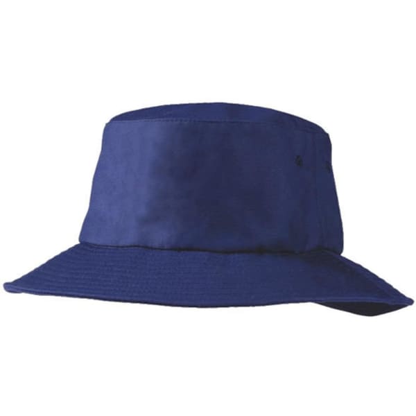 A blue Poly Viscose bucket hat with a wide brim and a logo. Suitable for casual headwear.