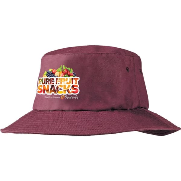 A maroon bucket hat featuring a logo on the front and a wide brim for sun protection.