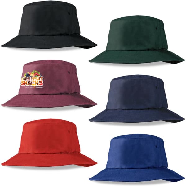 A collection of Poly Viscose Bucket Hats in black, green, burgundy, navy, red, and an embroidered design on one hat.