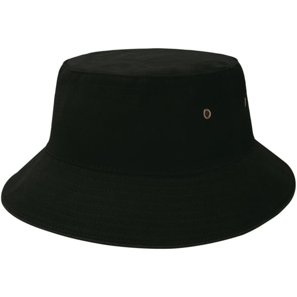 A black brim bucket hat featuring a gold eyelet detail and a structured design. Includes a logo.
