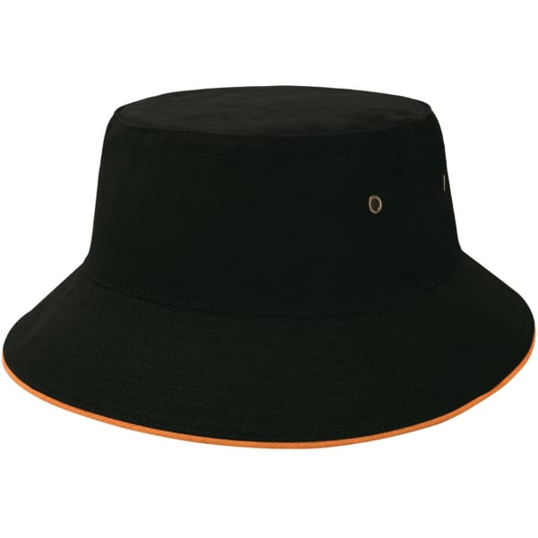 A black bucket hat with an orange trim, featuring eyelets and a logo.