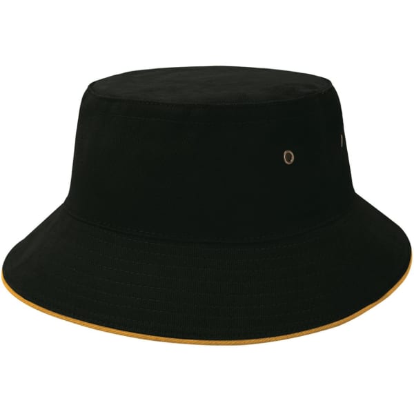 A black bucket hat with a contrasting gold trim and metal eyelets for ventilation. It features a logo.