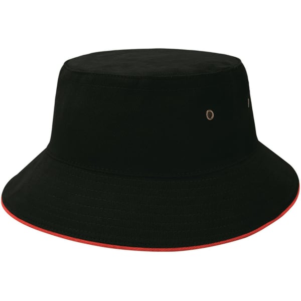 A black bucket hat with a red trim and metal eyelets, featuring a logo on the side.