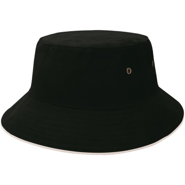 A black bucket hat with a wide brim and eyelet details, featuring a contrasting inner band.
