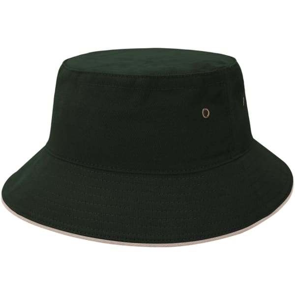 A dark green bucket hat with a contrasting trim and decorative eyelets. It features a round, wide brim design.