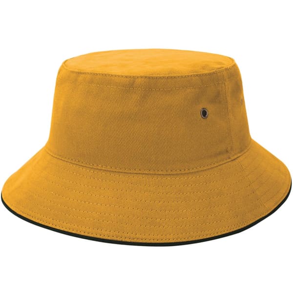 A mustard yellow bucket hat with a wide brim and a black underside, featuring a logo.