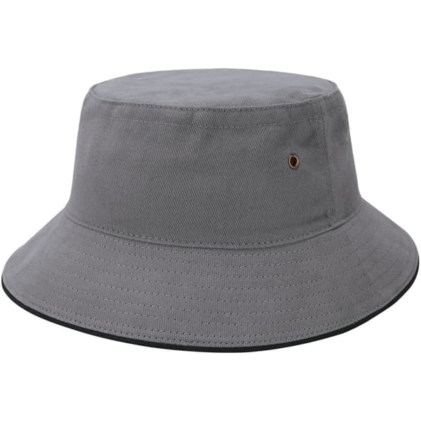 A grey bucket hat with a wide brim and a small logo detail. The material appears sturdy and textured.