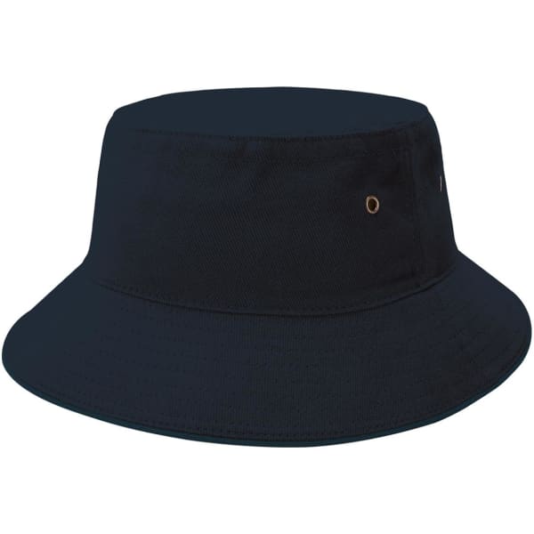 A dark navy bucket hat featuring a wide brim and a logo on the side.
