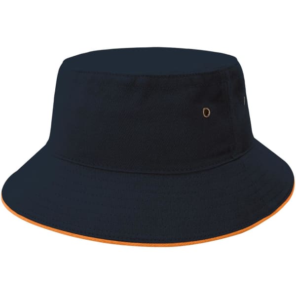 A navy bucket hat with an orange trim and eyelets, featuring a logo on the side.