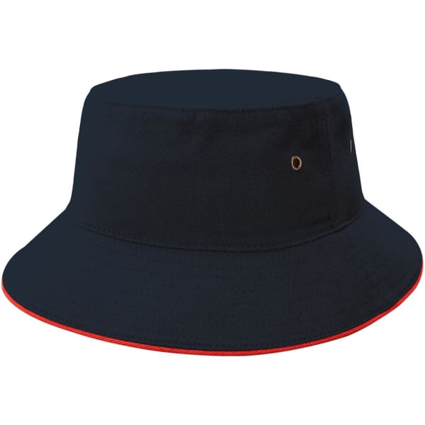 A navy bucket hat with a red trim and a logo. It features ventilation eyelets on the sides.