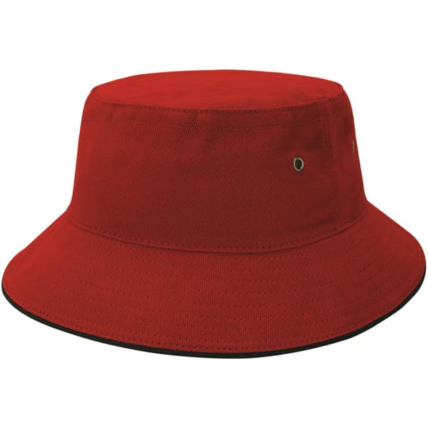 A red Sandwich Brim Bucket Hat featuring a round crown and a wide brim. Includes eyelets and a logo.