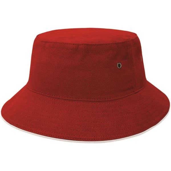 A red Sandwich Brim Bucket Hat with a wide brim and ventilation eyelets. Features a branded logo.
