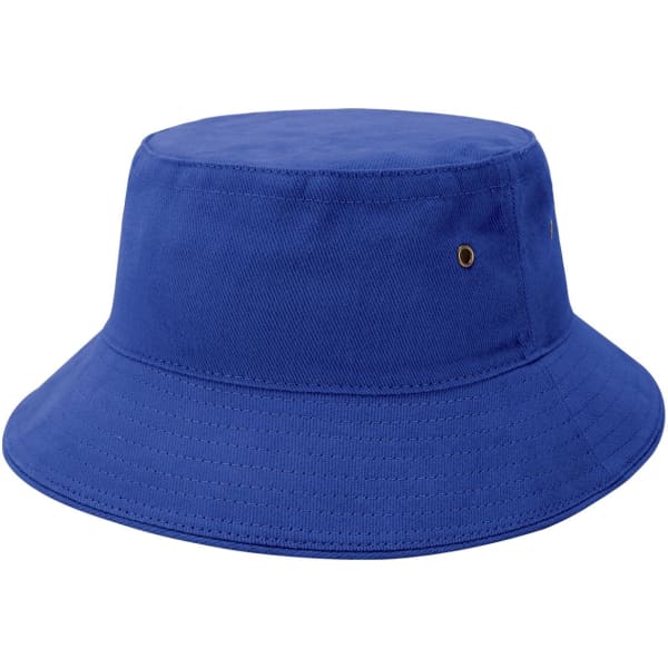A blue Sandwich Brim Bucket Hat featuring a wide brim and a logo. Ideal for casual wear.