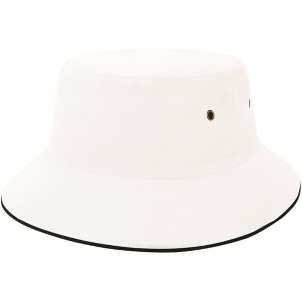 A white bucket hat with a wide brim and a contrasting black edge, featuring small ventilation holes.