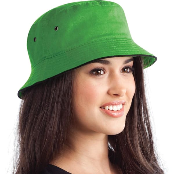 A green bucket hat with a wide brim, featuring ventilation eyelets and a branded logo.