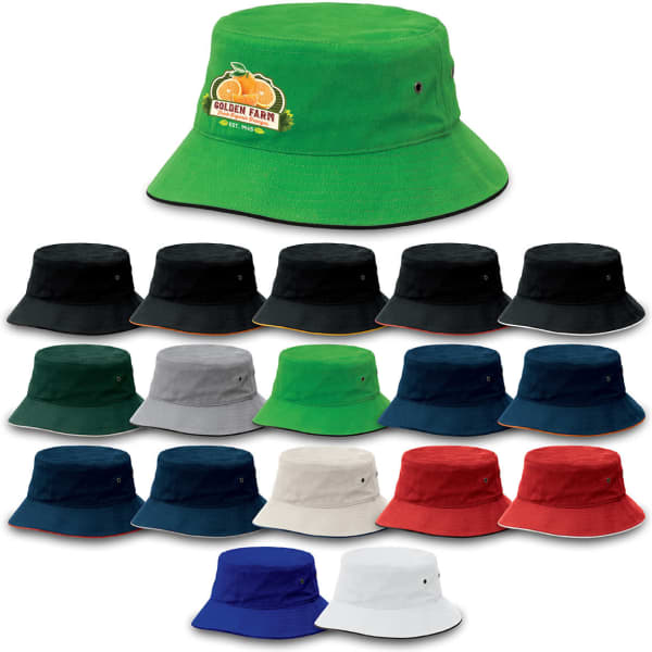A range of bucket hats in various colours, including green, black, navy, white, and red, with a logo on one.