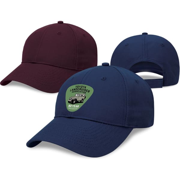 A maroon and navy blue Poly Viscose Cap with a front logo, displaying a classic baseball cap design.