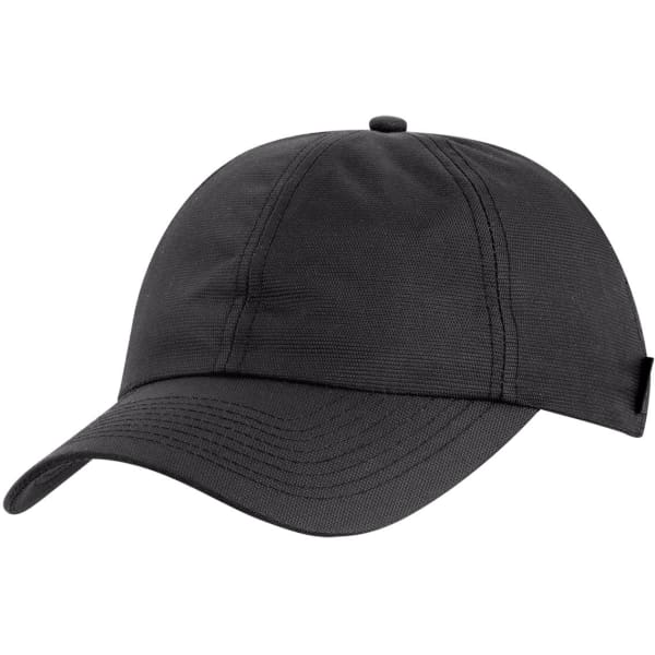 A black cap with a curved brim and stitched panels, featuring a logo on the side.