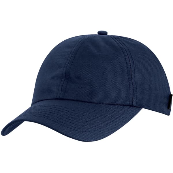 A navy cap featuring a structured design and a branded logo on the side.