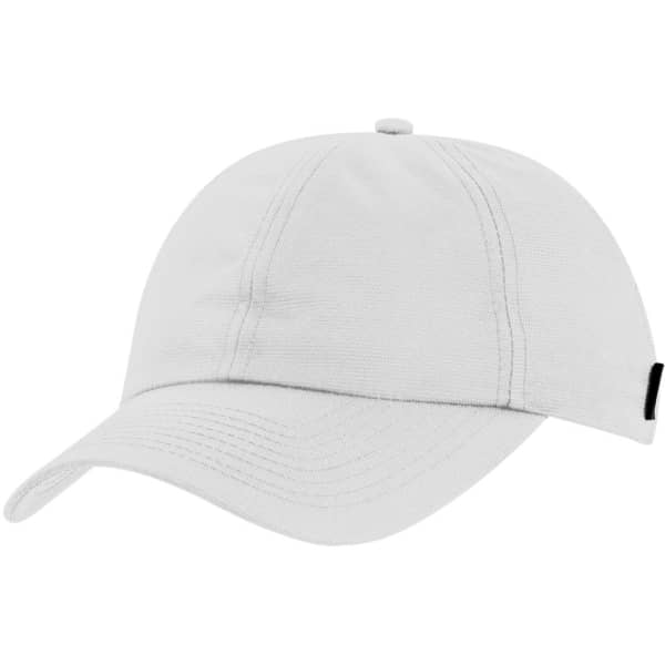 A white baseball cap with a curved brim and an adjustable strap, featuring a logo on the side.