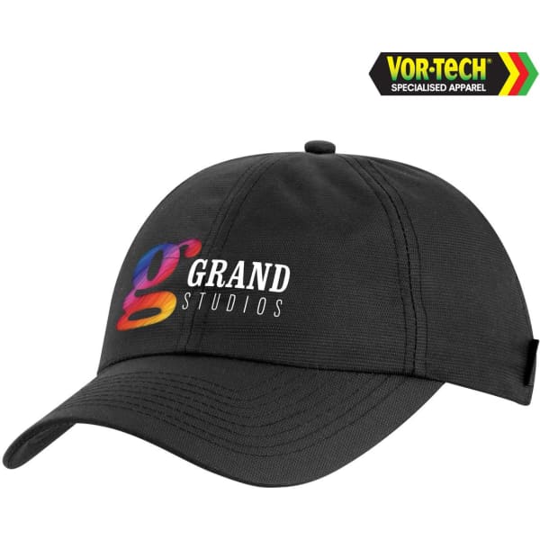 A black cap featuring a colourful logo on the front and a branded tag on the side.