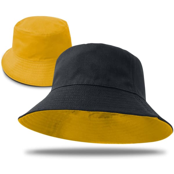 A reversible bucket hat displaying yellow on one side and black on the other, featuring a logo.