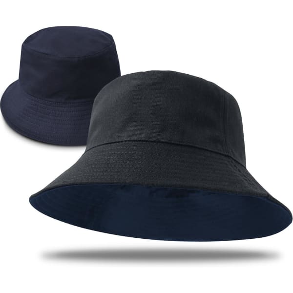 A reversible bucket hat featuring navy and black colours, with a logo visible. Perfect for headwear collections.