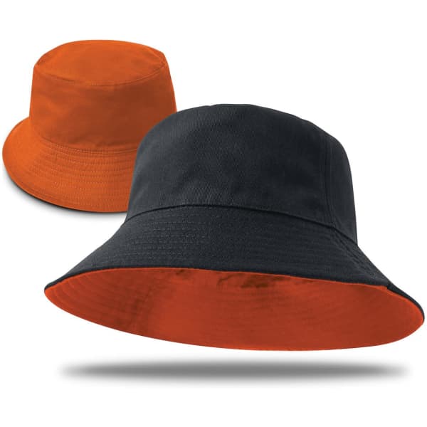 A reversible bucket hat featuring black on one side and orange on the other, with a logo present.