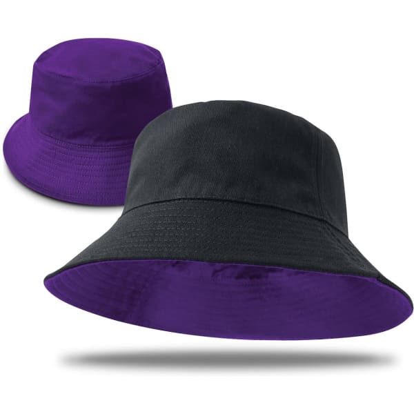 A reversible bucket hat featuring purple on one side and black on the other, with a logo present.