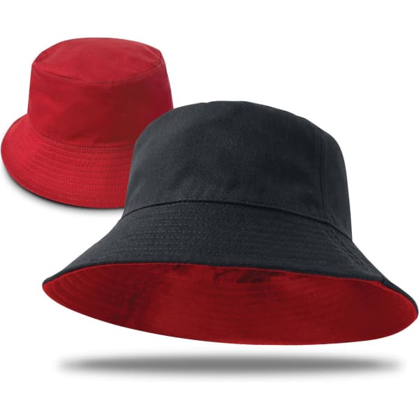 A reversible bucket hat in black and red, with a wide brim and a branding logo.